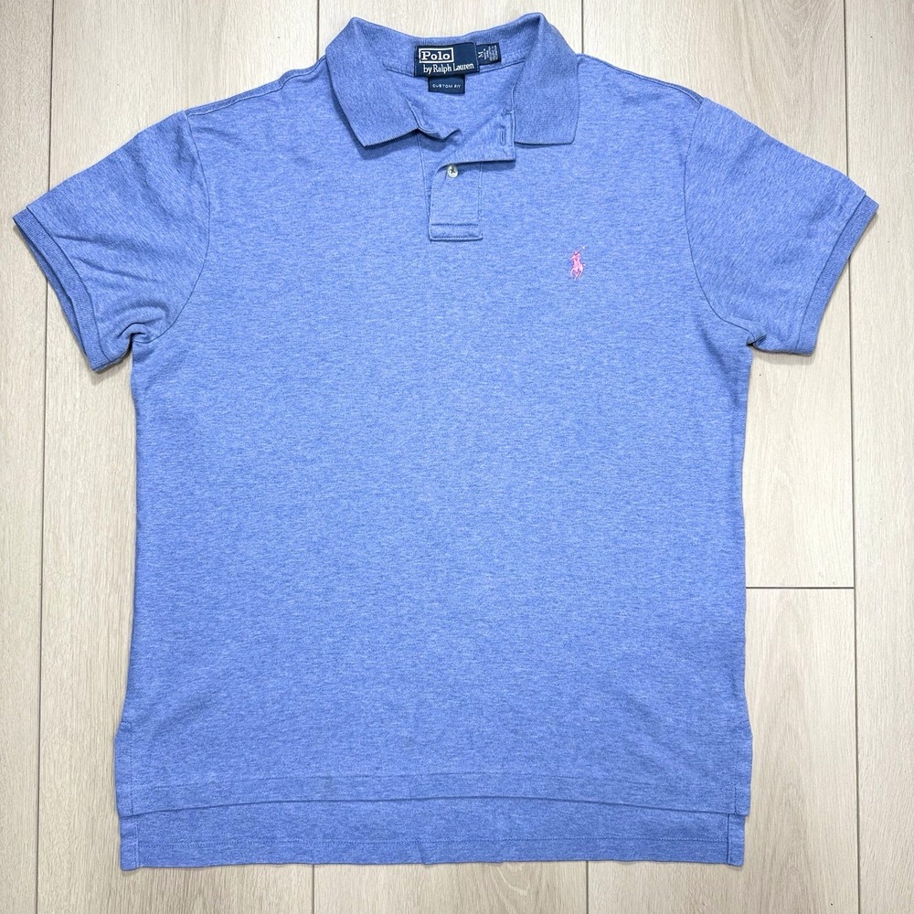 Y2K‎ Polo Ralph Lauren Custom Fit Blue Polo Shirt Mens M Pink Pony 100% Cotton